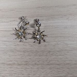 Vintage Rhinestone Starburst Screwback Earrings Silver Tone Dangle